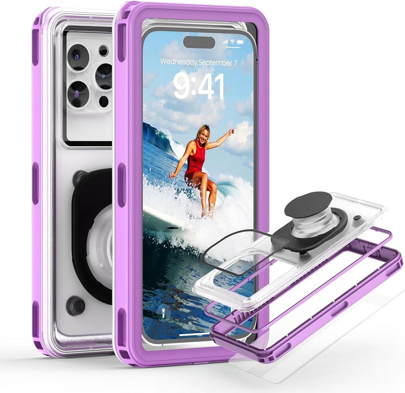 APRUT Waterproof Phone Pouch Case 7.5", 2025 Upgraded IPX8 Waterproof Phone Case for Snorkeling, Universal Fit for iPhone 16 Pro Max 15 14 13, Galaxy S25, Beach Vacation Essentials (Purple) - Image 1